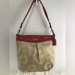 COACH Ashley Dotted Op Art Jacquard Hippie Handbag Red/Khaki  Purse